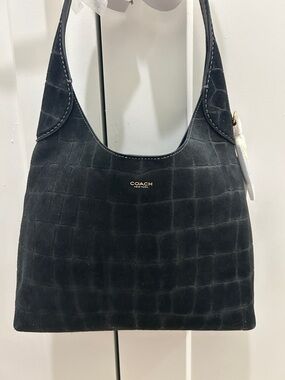 Coach (NWT) Brooklyn Shoulder Bag 28 in Black Suede Croc-Embossed